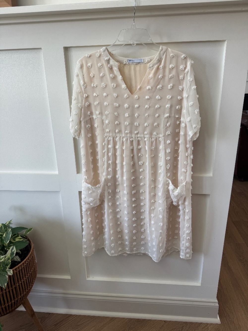 MIHOLL Ivory Swiss Dot Babydoll Dress Pockets Size L
